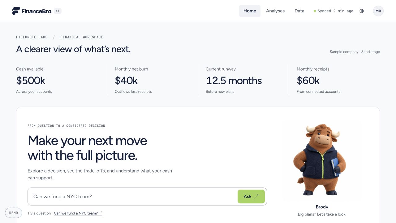 Finance Bro AI dashboard with cash, runway, and a business question prompt