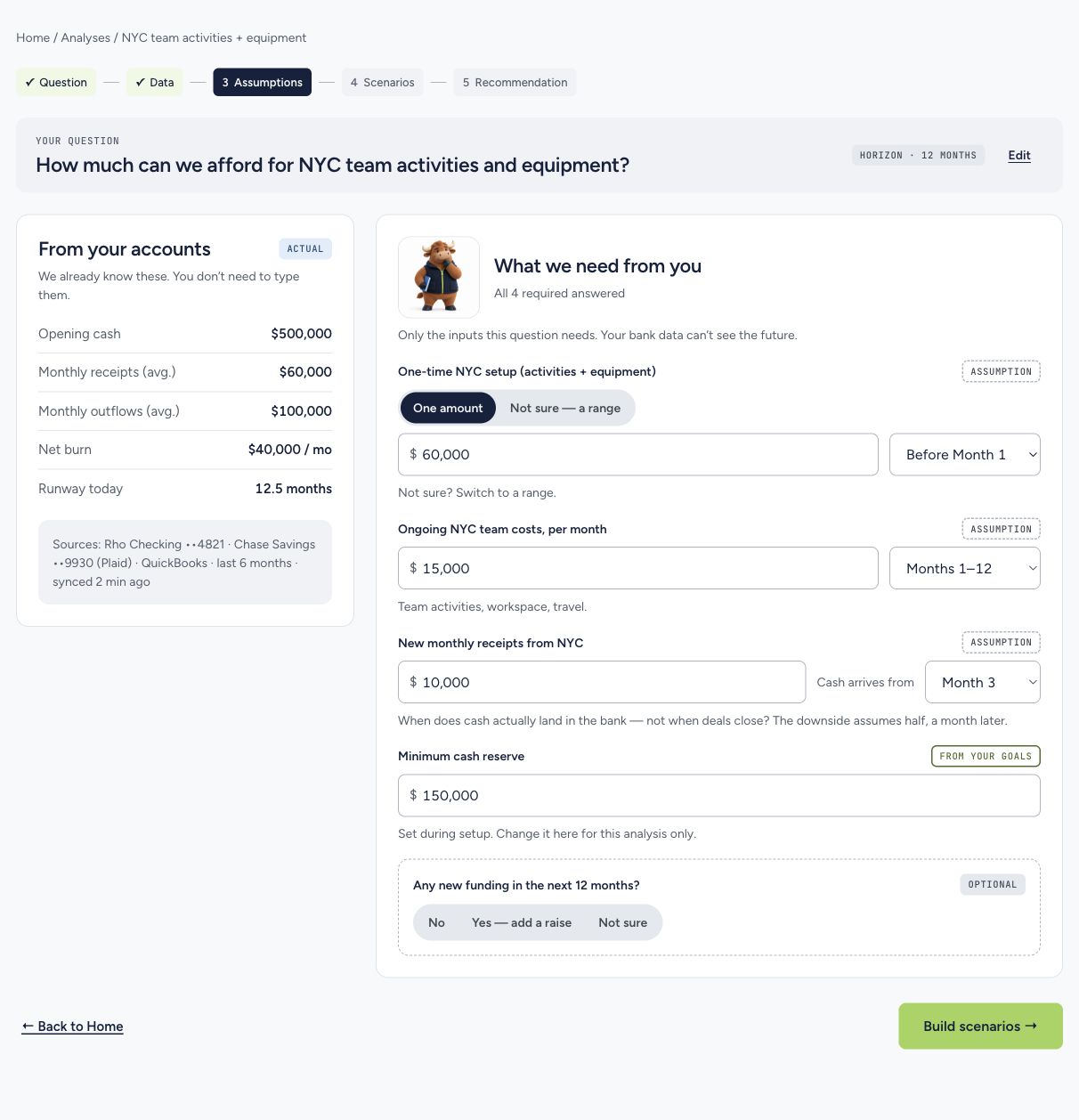 Prototype guided-questions screen separating company actuals from editable future assumptions