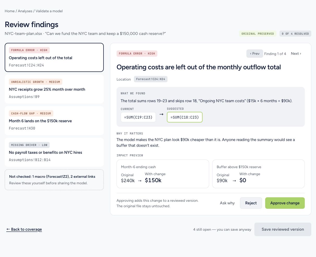 Prototype review screen showing a formula finding, its cell location and an impact preview before approval